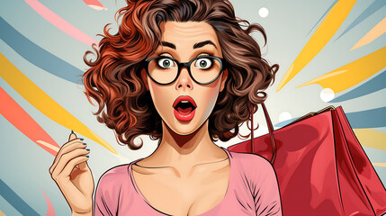 Wow female face Sexy surprised young woman in glasses in pop art retro comic style AI Generated