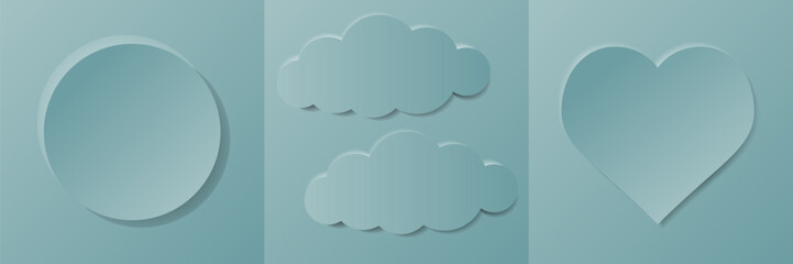 Set of aesthetic pastel color blue background frame with circle, heart and clouds in minimalistic design