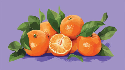 Fresh tangerines with leaves on purple background 