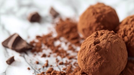 A close-up of a gourmet chocolate truffle, its surface dusted with cocoa, set against a background...