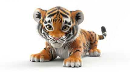An animated baby tiger lying down, staring forward on a white background.