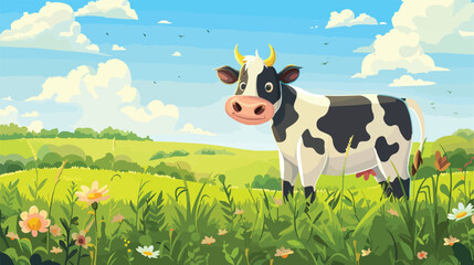 Funny cow grazing on green pasture style vector