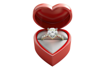 Diamond ring in red heart shaped box isolated on transparent background