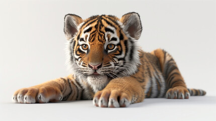 An animated baby tiger lying down, staring forward on a white background.