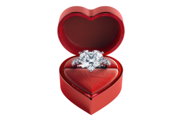 Diamond ring in red heart shaped box isolated on transparent background
