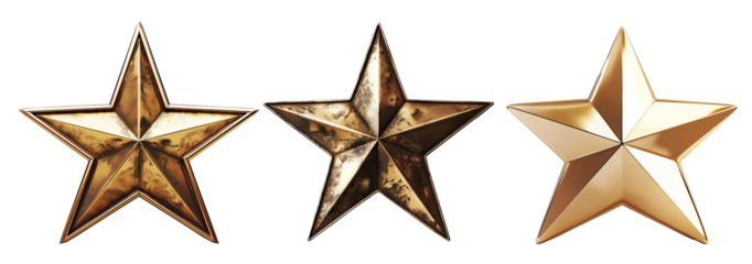 set of three golden shiny colorful stars and grunge old rusty stars rating and review isolated	
