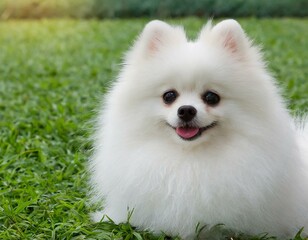 Fototapeta premium A portrait of a white Pomeranian dog laughing in the garden.