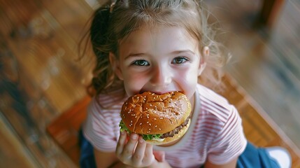 A small child is holding a large hamburger and biting into it with relish.