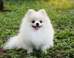 A portrait of a white Pomeranian dog laughing in the garden.