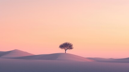 A minimalistic nature landscape with tree surrounded with desert at sunset with pink and blue background. A fantasy tree with magical view surrounded with grass area. Neutral image concept. AIG42.