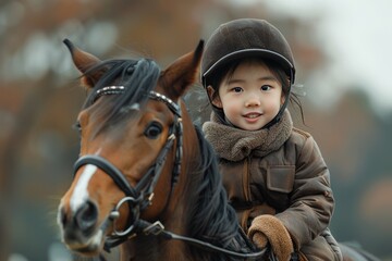 Fototapeta premium Girl ride on horse on summer day. Child sit in rider saddle on animal back. Equine therapy, recreation concept. Friend, companion, friendship. Sport, activity, entertainment. riding school
