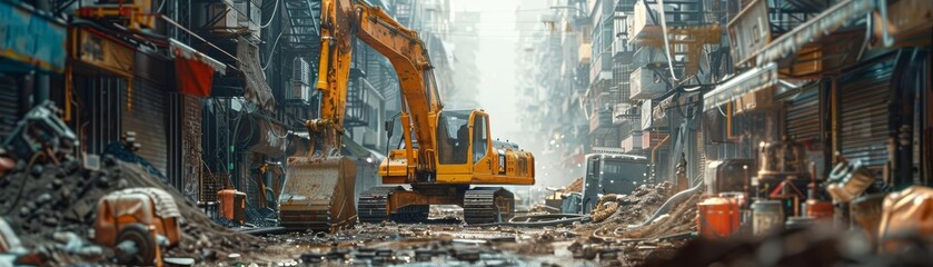A yellow excavator is digging up a street in a city. The street is lined with buildings and debris.