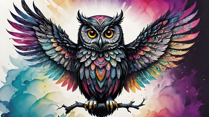 bright illustration of an owl with colorful brush splashes on a white background.