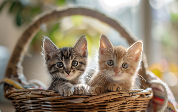 Two cute striped kittens with big eyes peering curiously from a woven basket, set against a colorful blurred garden background