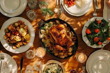Family Dinner Table with Roasted Chicken - obrazy, fototapety, plakaty
