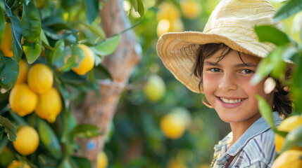 A smiling man harvests lemons. The farmer collects lemons. Seasonal workers in agriculture. - obrazy, fototapety, plakaty