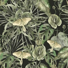Butterfly, monstera, palm, anthurium flowers. Tropical insect on leaves. Watercolor monochrome pattern in floral and plant trend on a dark green background. Drawing for textiles, cards, holidays