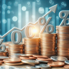 Coins stack with percent sign, business growth concept, 3D rendering