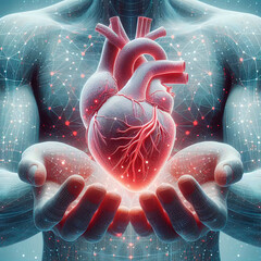 Digital illustration of human heart in digital background. 3D rendering.