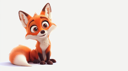 Obraz premium An animated, smiling fox cub sitting, looking playfully at the viewer on a white background. Copy space.
