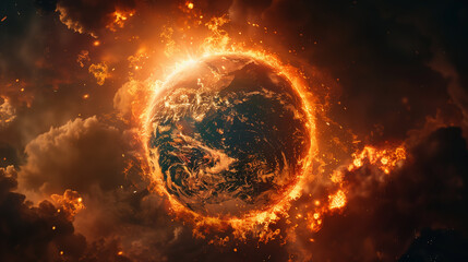 The globe orb was surrounded by a ring of fire, Generative AI - obrazy, fototapety, plakaty