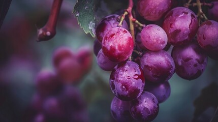 Close-up of a cluster of juicy purple grapes hanging from a vine, showcasing nature's bounty.
