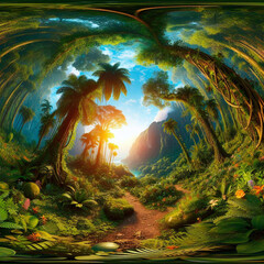 A fantastic landscape with palm trees and a path in the jungle.360 degree view