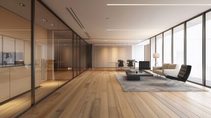 Contemporary office space with minimalist design featuring sleek wooden flooring and modern furniture.
