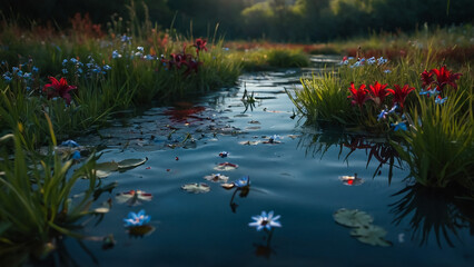 Close-up of colorful backlit tulips covered in raindrop at sunrise with Experimental Farm in the background, Ottawa
