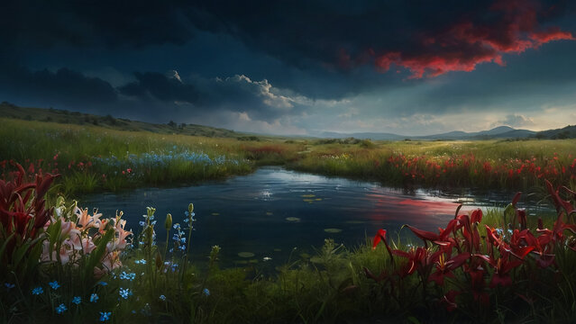 Close-up of colorful backlit tulips covered in raindrop at sunrise with Experimental Farm in the background, Ottawa
