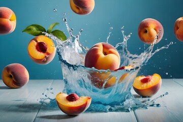 Juice from peaches splashing in motion - obrazy, fototapety, plakaty