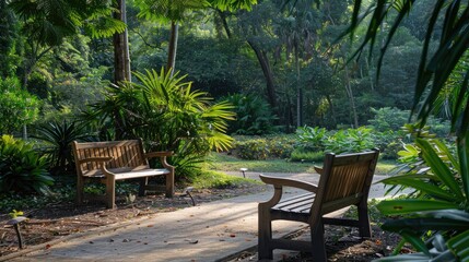 Obraz premium Cozy wooden seating nestled among lush greenery in a public garden, providing a peaceful retreat for visitors.