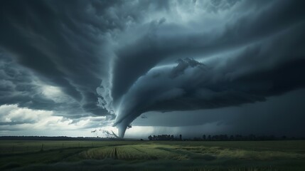 Tornado funnel cloud descending from dark storm clouds, threatening to touch down with destructive force.
