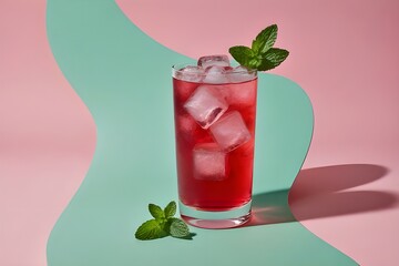 Against a pastel backdrop, a pink soda with ice cubes in a glass and a mint leaf garnish  - obrazy, fototapety, plakaty