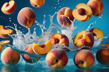 Peach juice splattering in motion - obrazy, fototapety, plakaty
