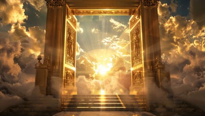 A majestic golden gate stands tall amidst fluffy white clouds, representing the ethereal doors to heaven and the promise of afterlife.