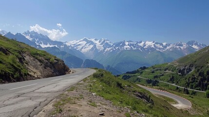 Curving mountain road with hairpin turns and panoramic views of snow-capped peaks in the distance. - obrazy, fototapety, plakaty