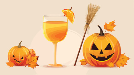 Glass of delicious orange cocktail broom and pumpkins