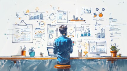 An illustration of a man sitting on a stool in front of a large whiteboard. He is wearing a blue shirt and jeans and is looking at the whiteboard. On the whiteboard are a number of graphs, charts.