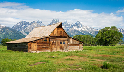 The John Moulton Barn and the Teton Range at Grand Teton National Park in Northwestern Wyoming