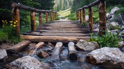 Obraz premium Handcrafted wooden bridge over a mountain stream, offering hikers a scenic path through the wilderness.