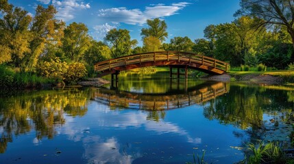 Fototapeta premium Idyllic wooden bridge crossing a peaceful pond, reflecting the surrounding trees and blue sky on its tranquil surface.