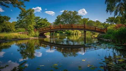 Fototapeta premium Idyllic wooden bridge crossing a peaceful pond, reflecting the surrounding trees and blue sky on its tranquil surface.