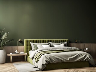 Modern rich luxury bedroom with lime olive color bed velor and khaki dark green painting wall. Minimalist interior design home or hotel. Empty mockup wall for art. wood parquet details. 3d render 