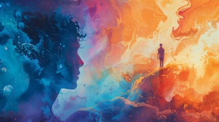 Colorful painting of a woman's face in profile on the left and a man standing on a cliff on the right.