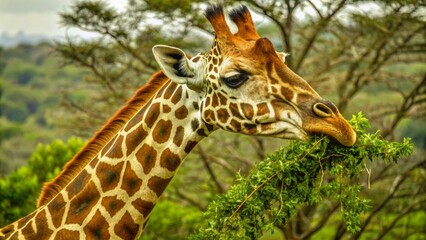 Obraz premium A giraffe eating leaves from the top of trees in an African savannah in a closeup shot.