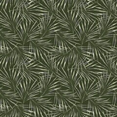 Tropical palm pattern. Watercolor seamless pattern in monochrome style, hand drawn on a dark green background.Exotic design for fabric, packaging, cosmetics, invitations, banner, spa, perfume, travel