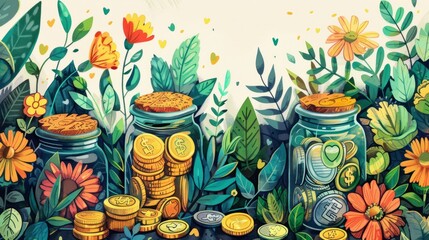 Flowers and plants growing out of jars filled with money.