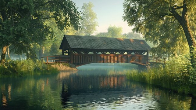 Old-fashioned covered wooden bridge over a tranquil river, evoking a sense of nostalgia and rural charm.