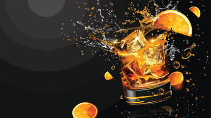 Glass with splashing cocktail and slice of orange 